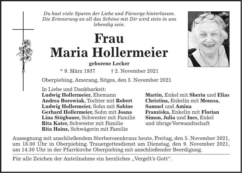 Traueranzeige Maria Hollermeier