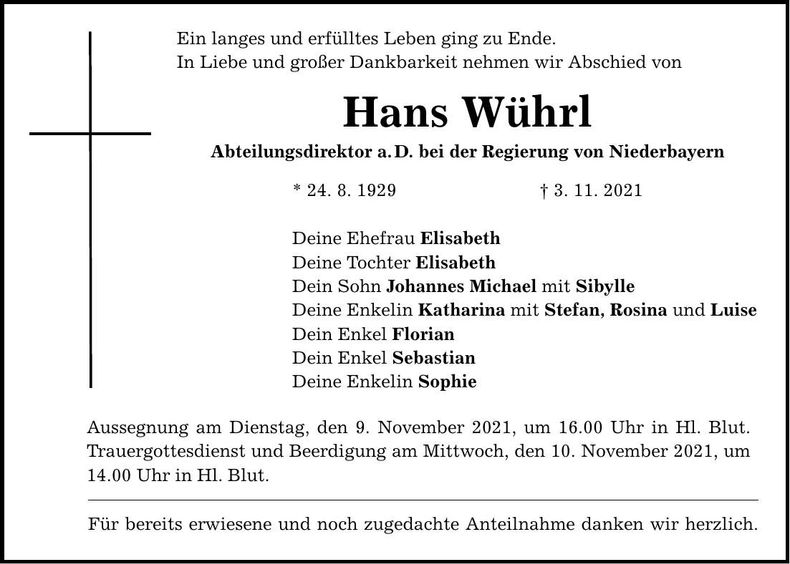 Traueranzeige Hans Wührl