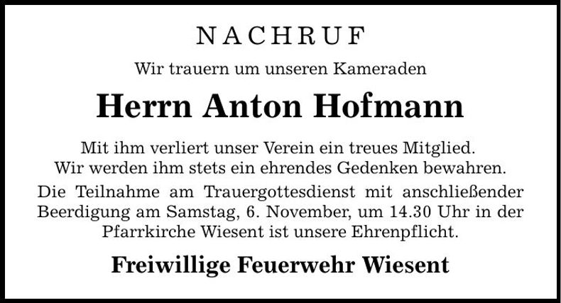Traueranzeige Anton Hofmann