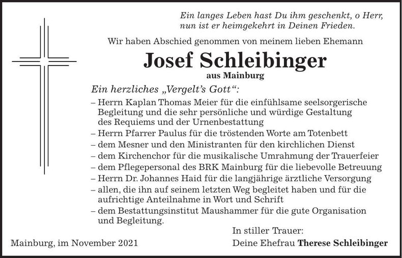 Traueranzeige Josef Schleibinger