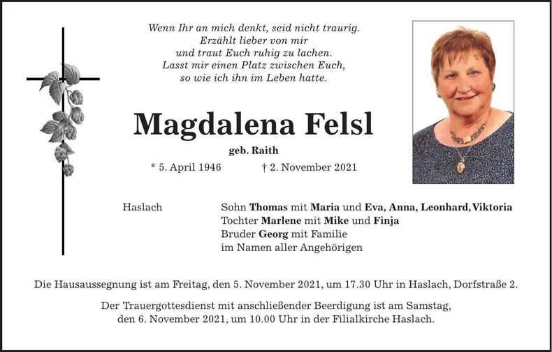 Traueranzeige Magdalena Felsl