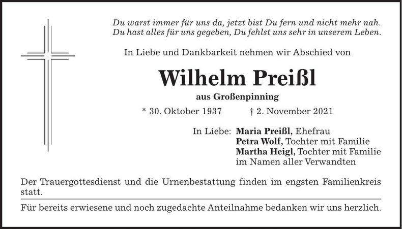 Traueranzeige Wilhelm Preißl