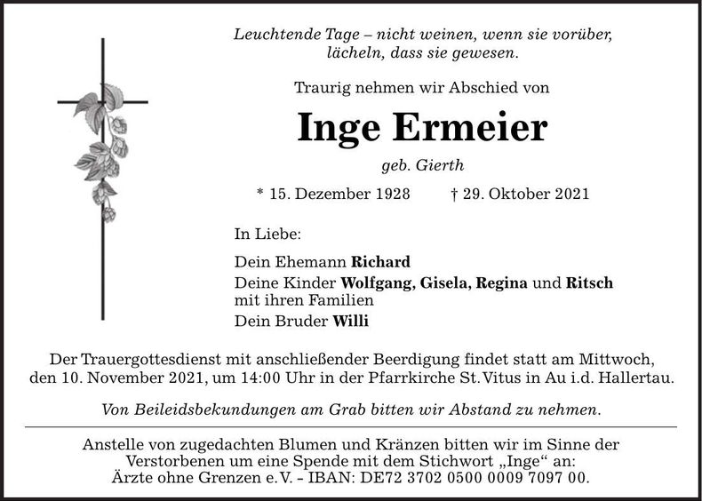 Traueranzeige Inge Ermeier