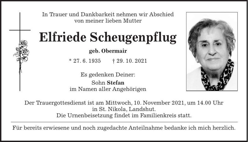 Traueranzeige Elfriede Scheugenpflug