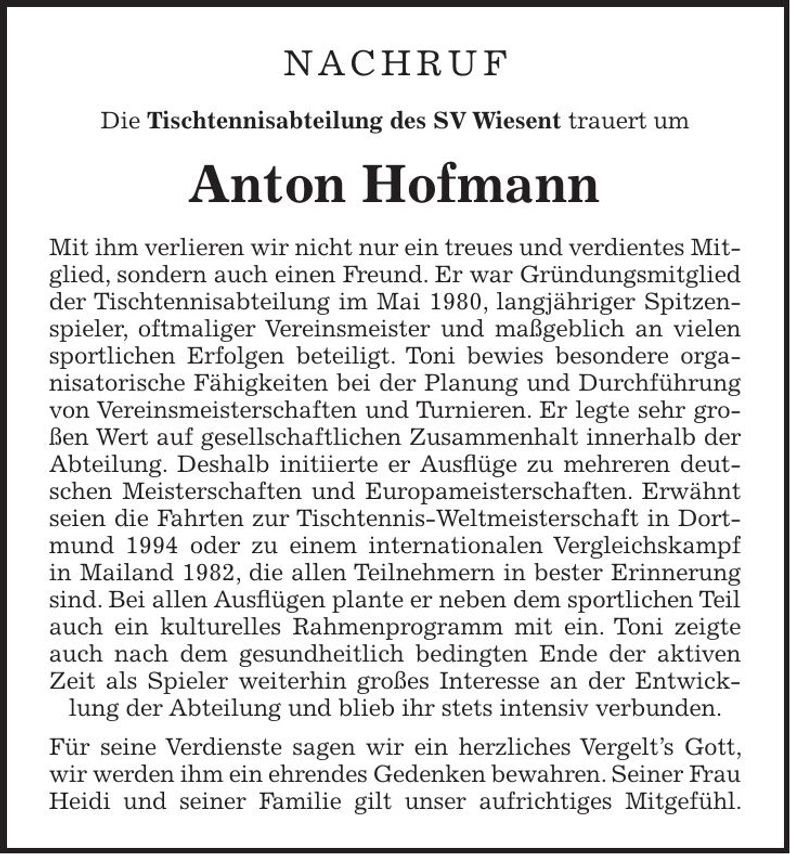 Traueranzeige Anton Hofmann