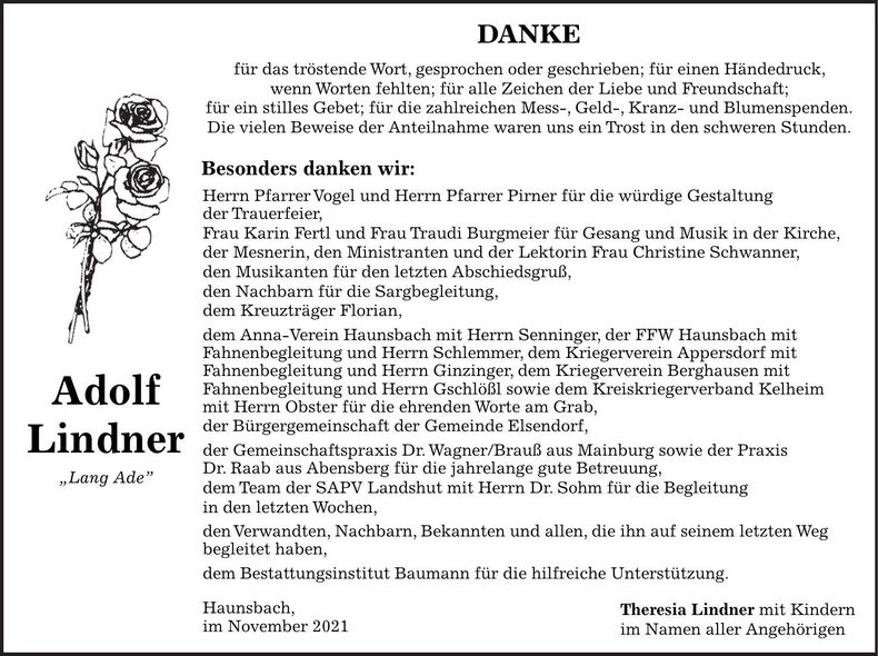 Traueranzeige Adolf Lindner
