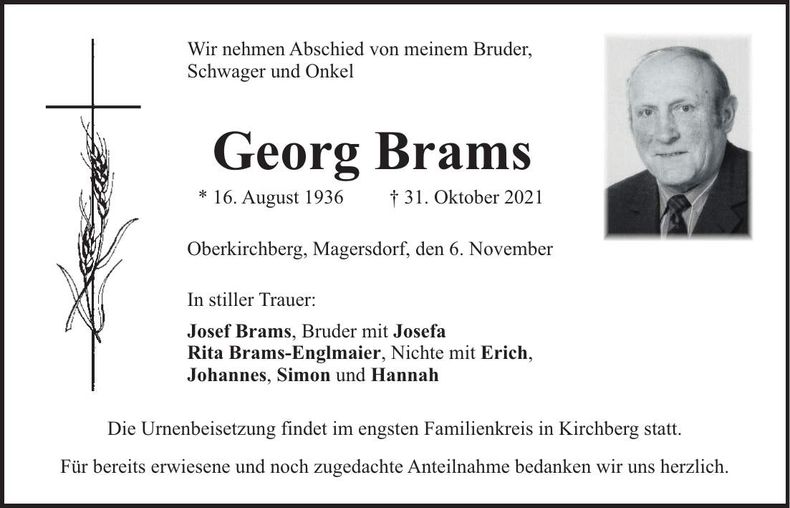 Traueranzeige Georg Brams