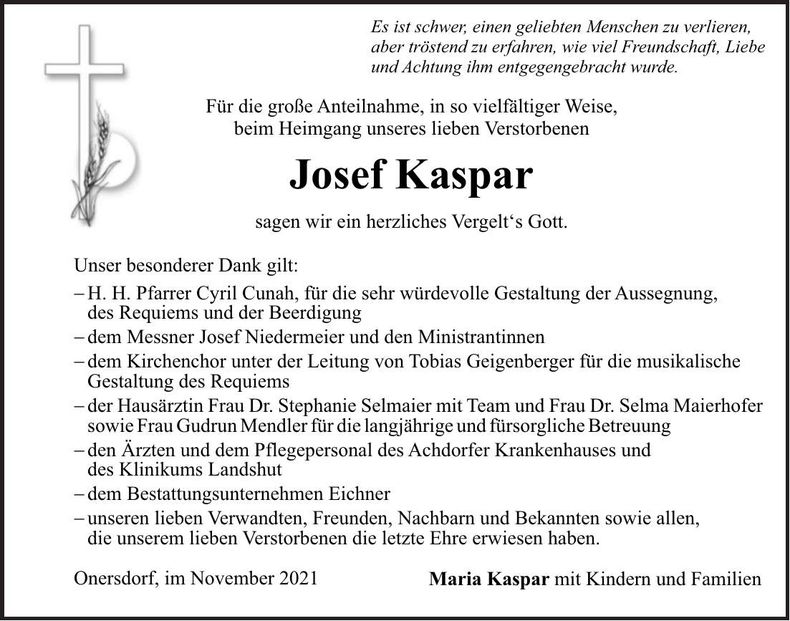 Traueranzeige Josef Kaspar