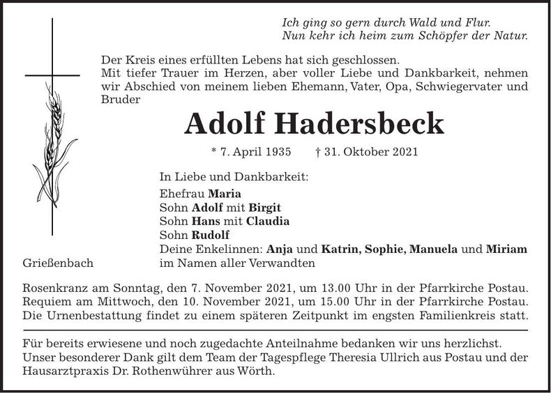 Traueranzeige Adolf Hadersbeck