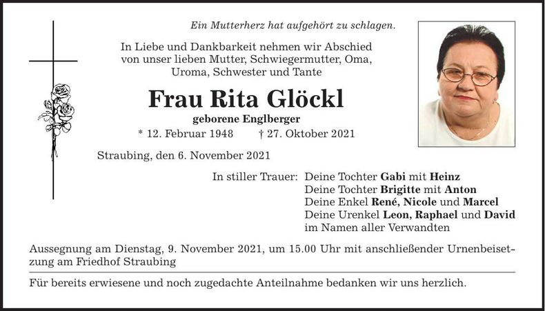 Traueranzeige Rita Glöckl