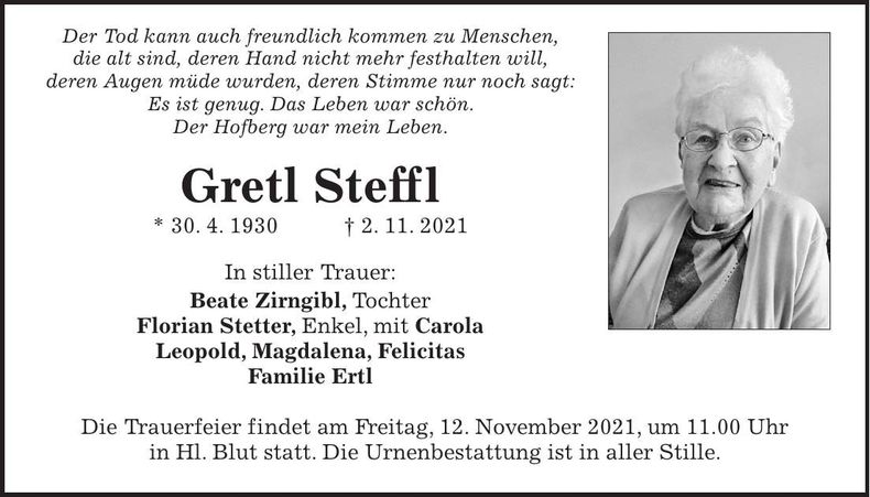 Traueranzeige Gretl Steffl
