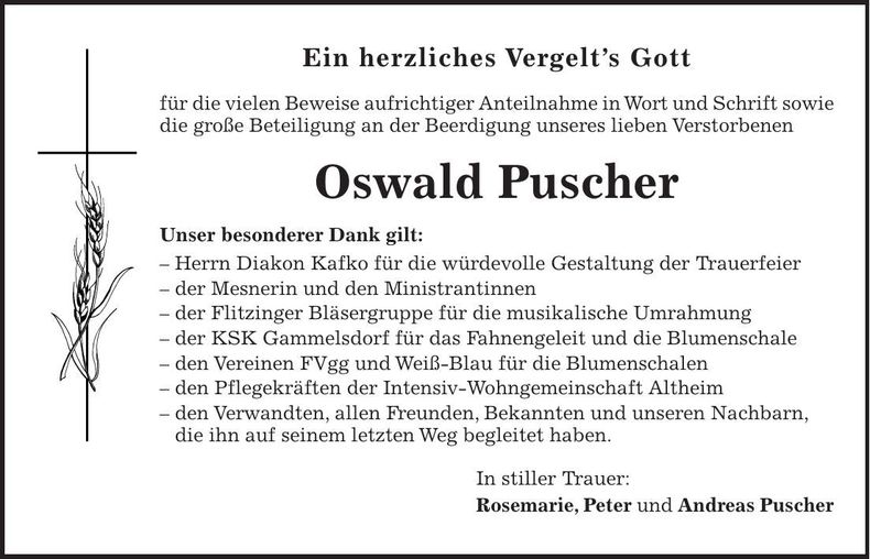 Traueranzeige Oswald Puscher