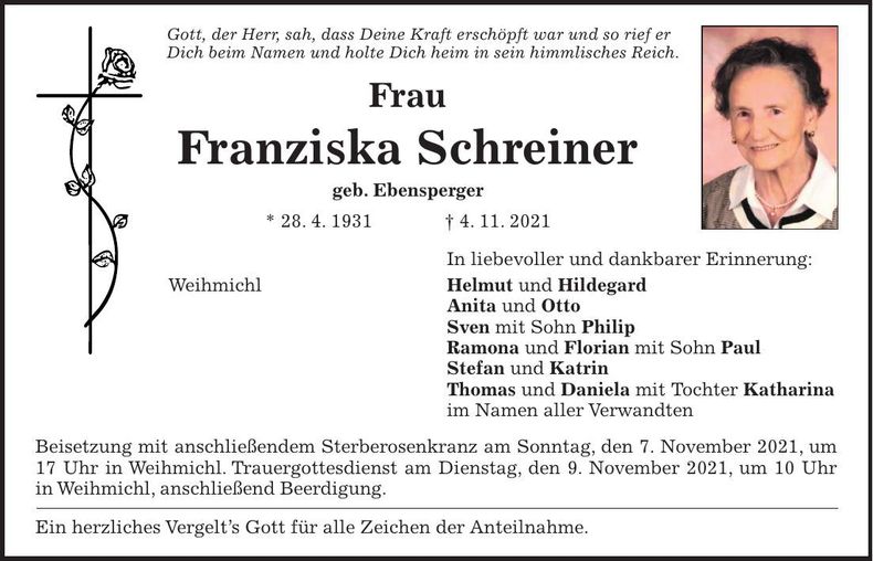 Traueranzeige Franziska Schreiner