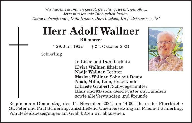 Traueranzeige Adolf Wallner