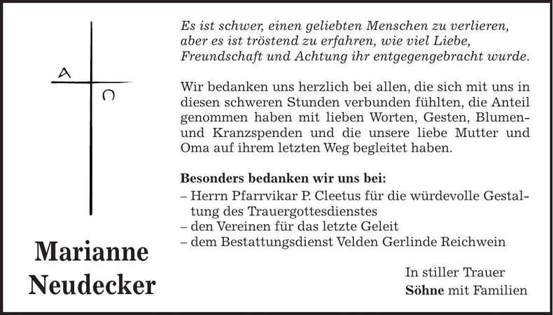 Traueranzeige Marianne Neudecker