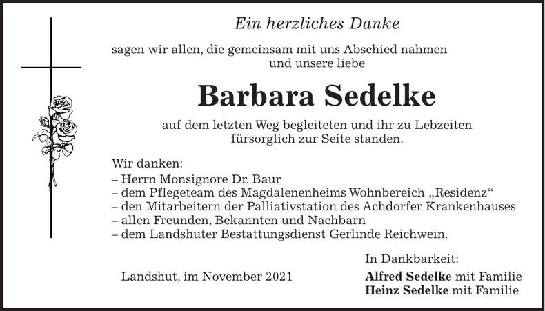 Traueranzeige Barbara Sedelke
