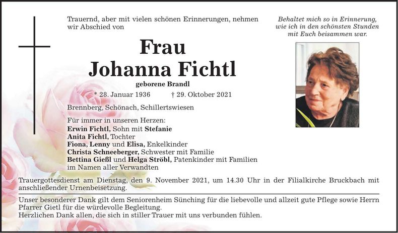 Traueranzeige Johanna Fichtl