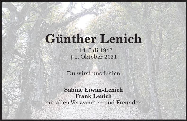 Traueranzeige Günther Lenich