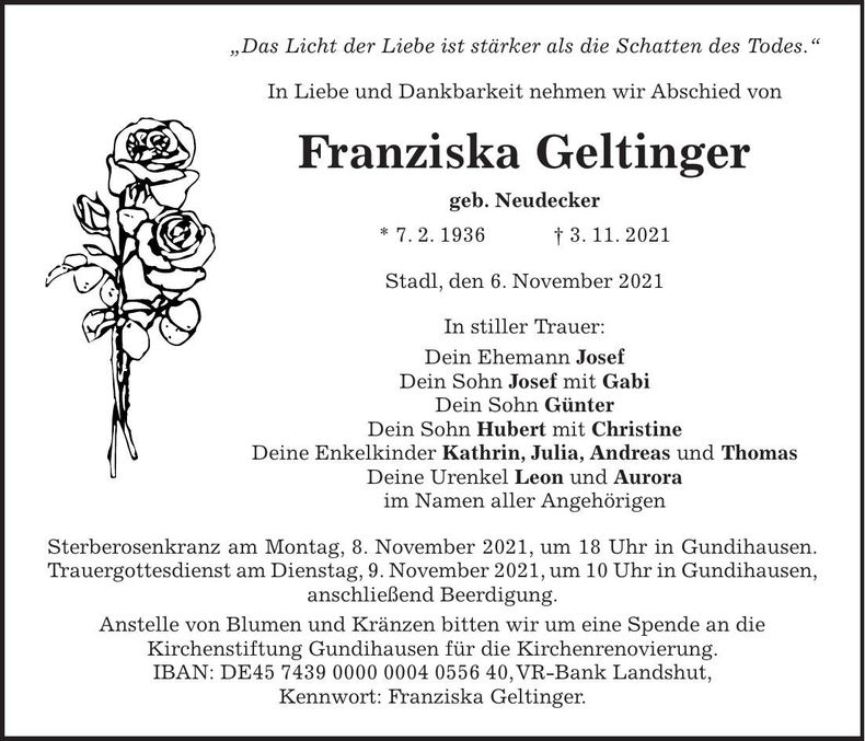 Traueranzeige Franziska Geltinger