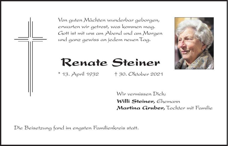 Traueranzeige Renate Steiner