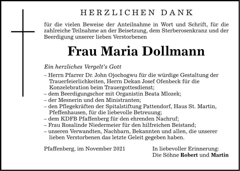 Traueranzeige Maria Dollmann
