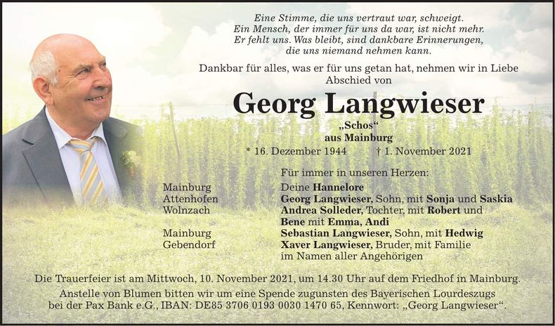Traueranzeige Georg Langwieser