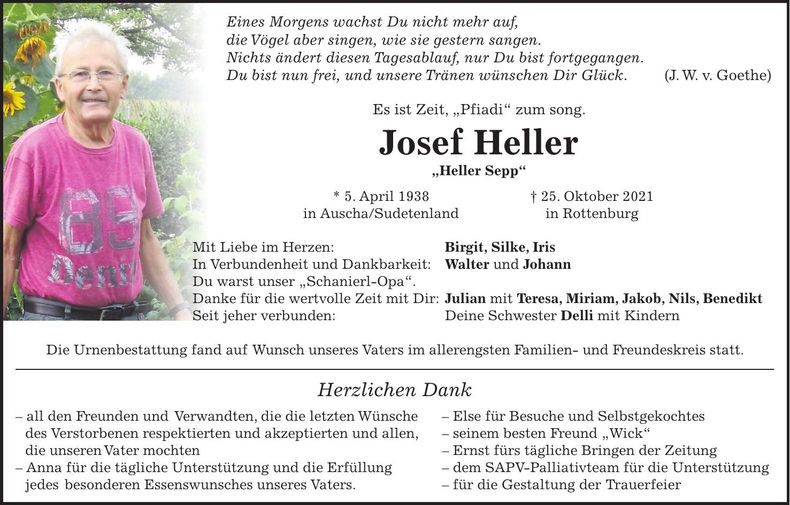 Traueranzeige Josef Heller