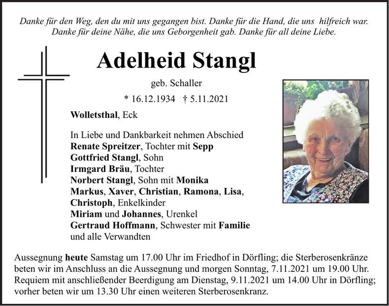 Traueranzeige Adelheid Stangl