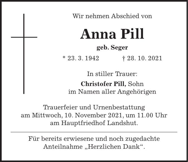 Traueranzeige Anna Pill