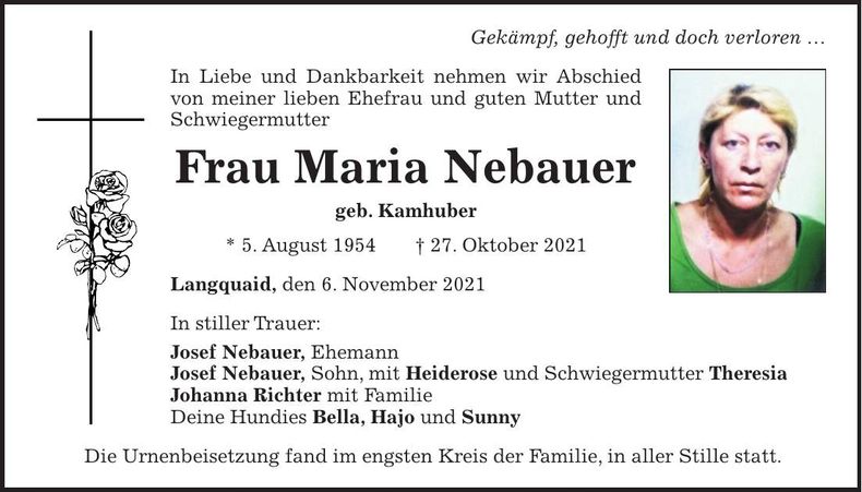 Traueranzeige Maria Nebauer