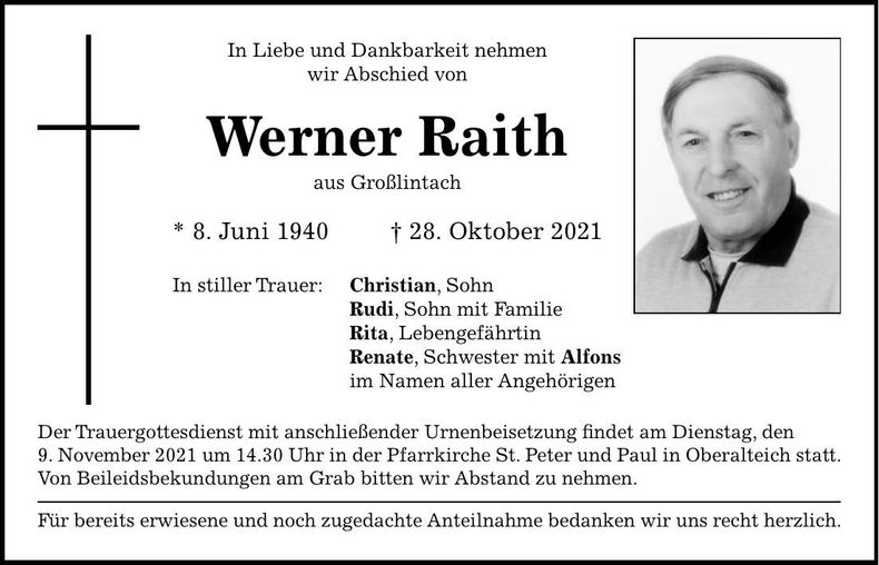 Traueranzeige Werner Raith