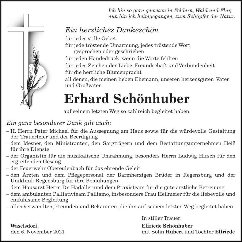 Traueranzeige Erhard Schönhuber