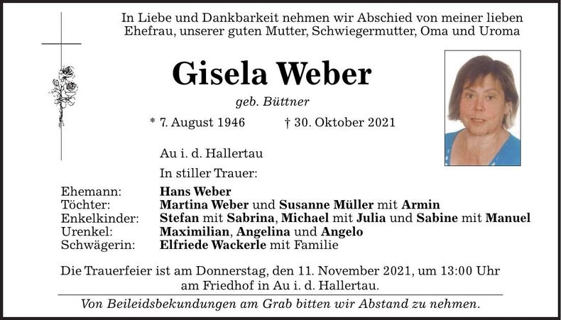 Traueranzeige Gisela Weber