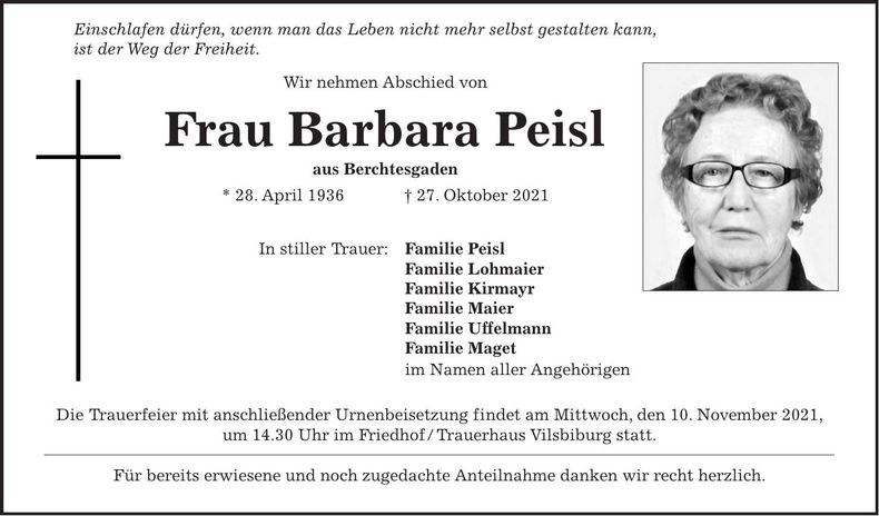 Traueranzeige Barbara Peisl