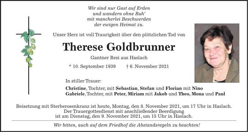 Traueranzeige Therese Goldbrunner