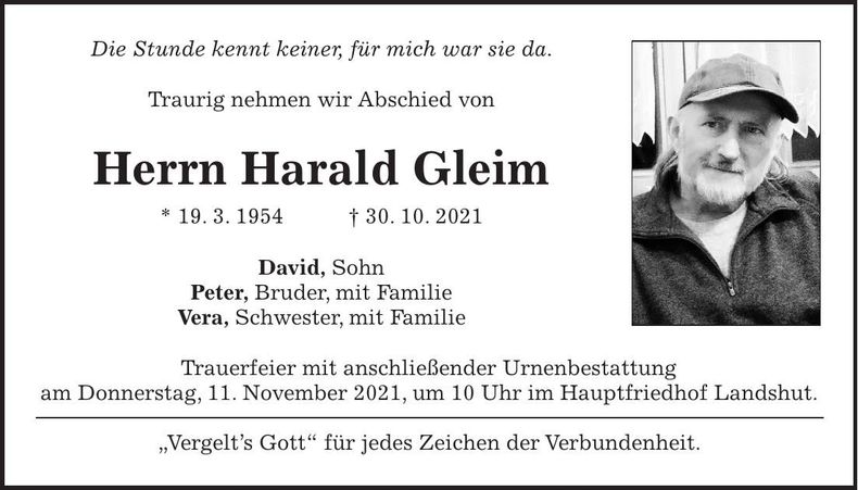 Traueranzeige Harald Gleim