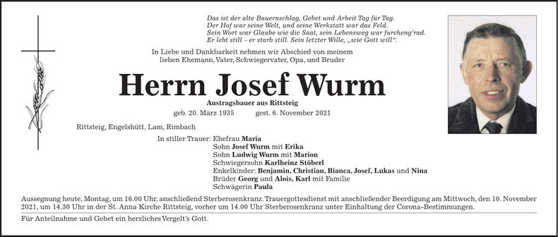 Traueranzeige Josef Wurm