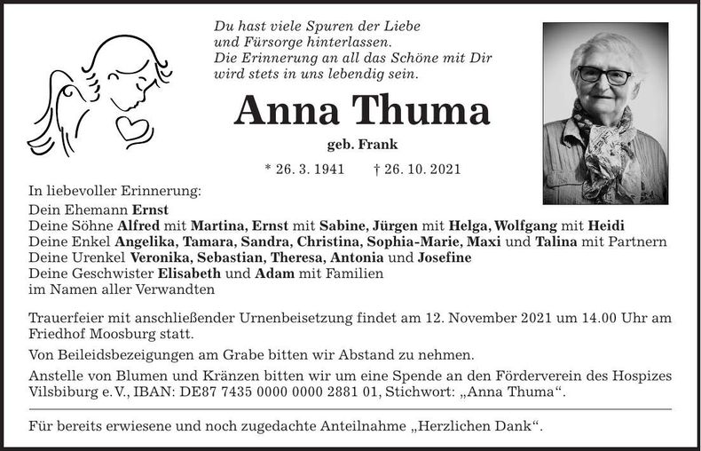 Traueranzeige Anna Thuma