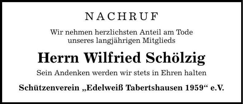 Traueranzeige Wilfried Schölzig