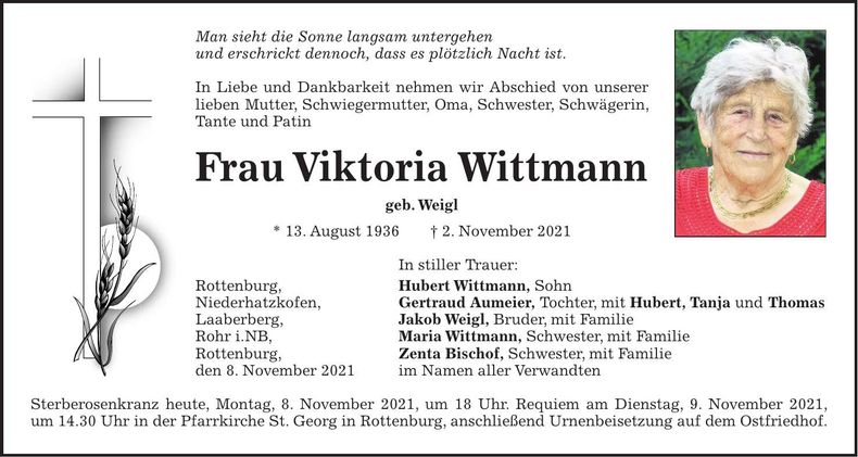 Traueranzeige Viktoria Wittmann