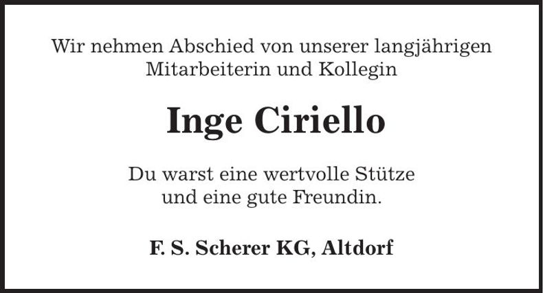 Traueranzeige Inge Ciriello