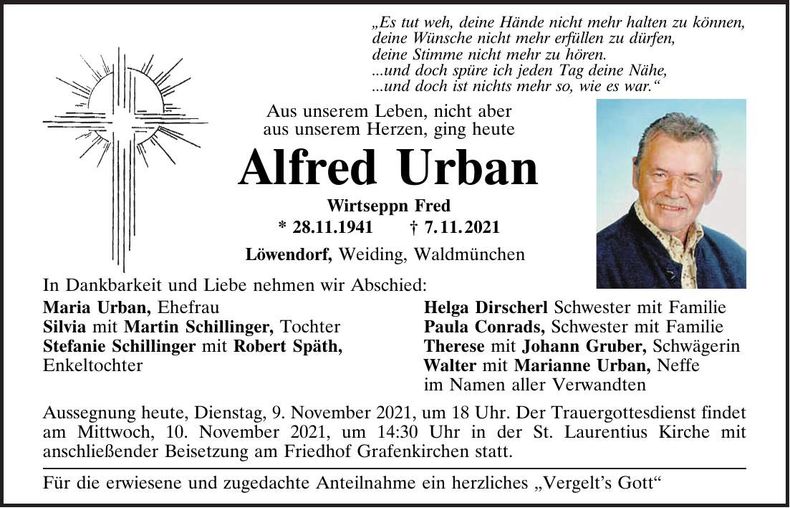 Traueranzeige Alfred Urban