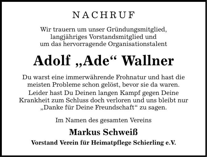 Traueranzeige Adolf Wallner