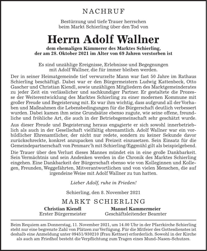 Traueranzeige Adolf Wallner
