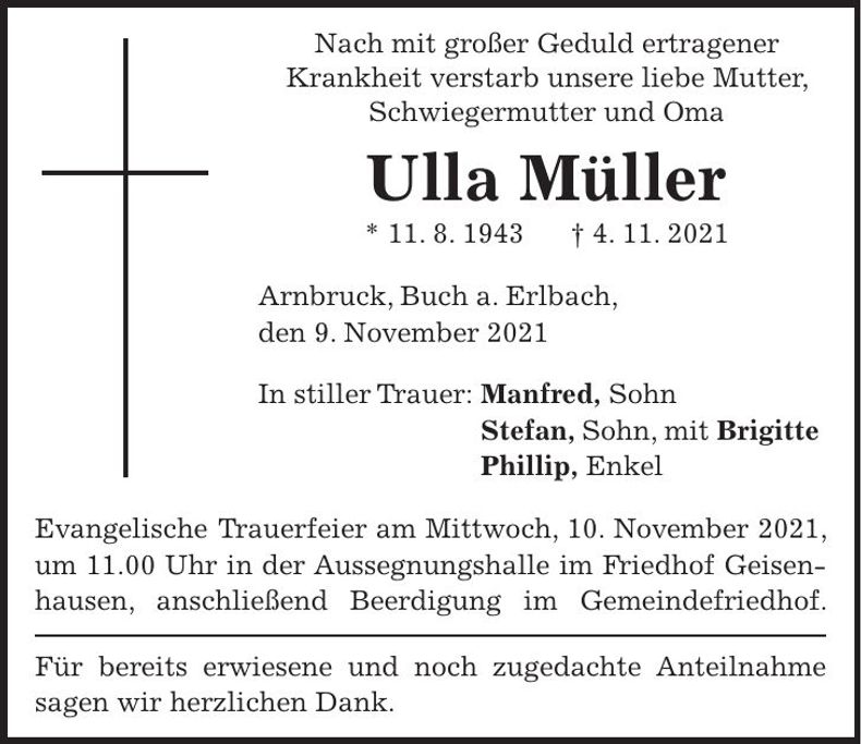 Traueranzeige Ulla Müller