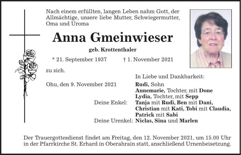 Traueranzeige Anna Gmeinwieser