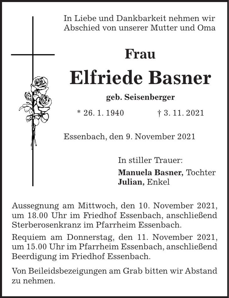 Traueranzeige Elfriede Basner