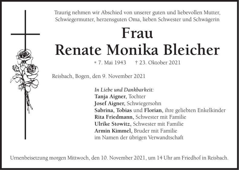 Traueranzeige Renate Monika Bleicher