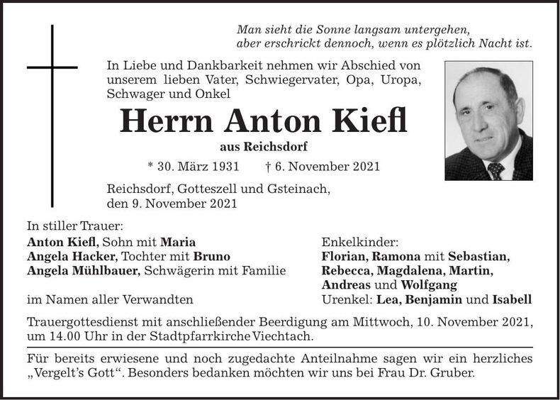Traueranzeige Anton Kiefl
