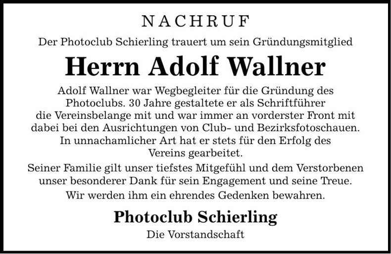 Traueranzeige Adolf Wallner